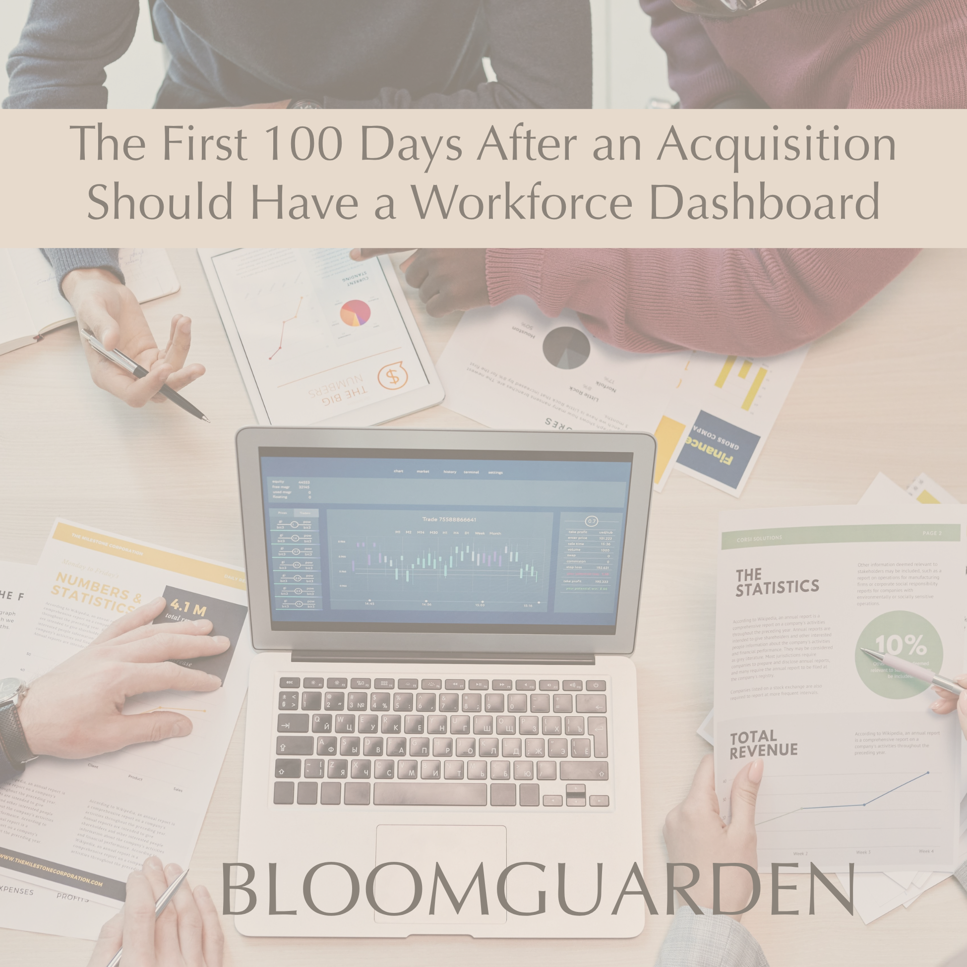 Business leaders reviewing a post-acquisition workforce dashboard to monitor critical talent retention, operational capacity, payroll reliability, and integration progress during the first 100 days.